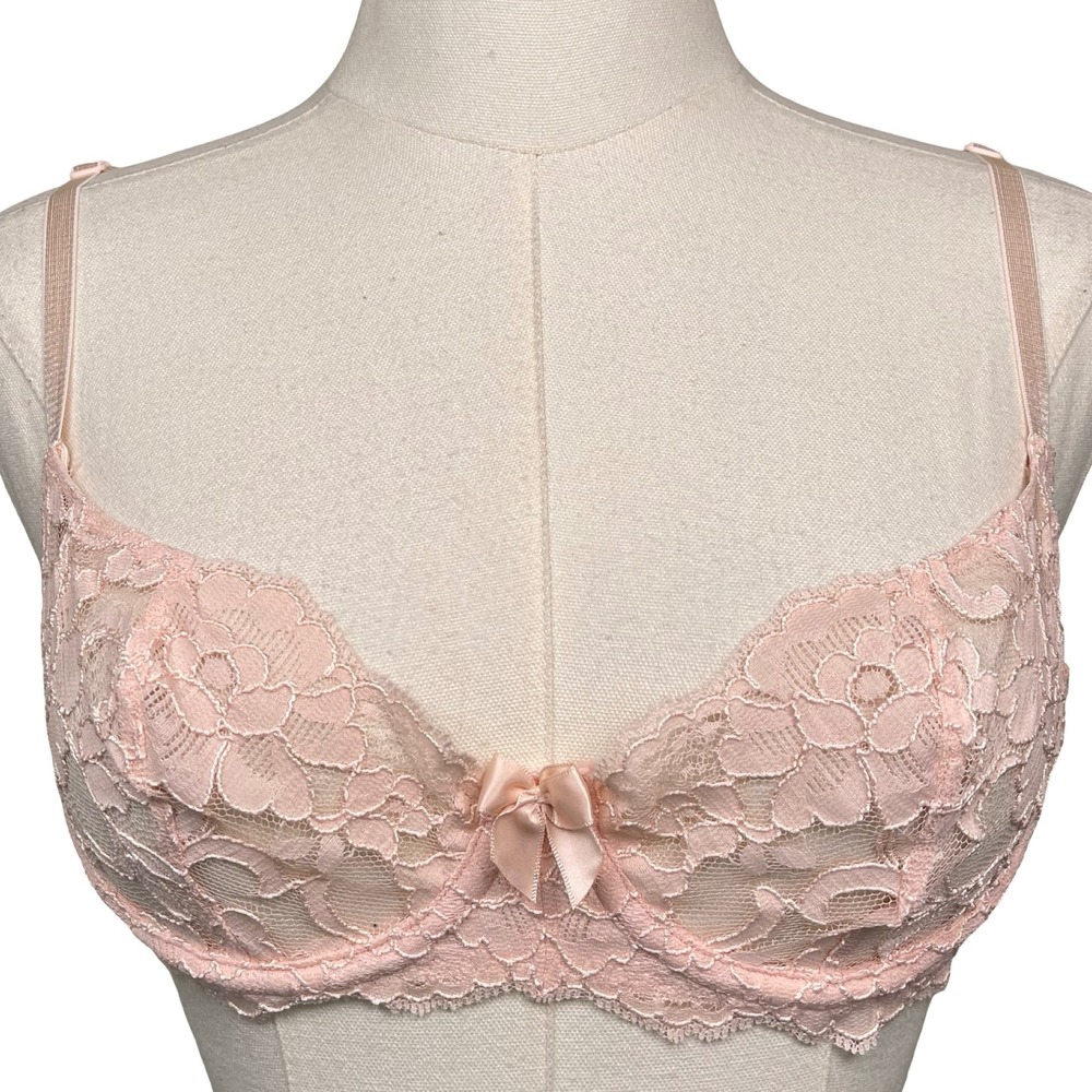 Vintage Victoria's Secret Lace Underwire Bra 34B Pink Floral Sheer Bow 0812 NEW